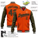 Personalized Orange Olive Black-Cream Bomber Full-Snap Varsity Letterman Two Tone Jacket Team Custom Name and Number