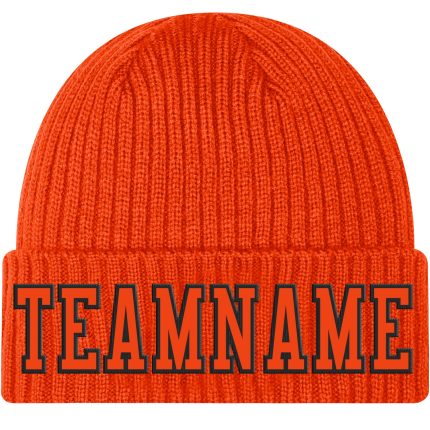 Personalized Orange Orange-Black Stitched Cuffed Knit Hat Team Custom Name and Number