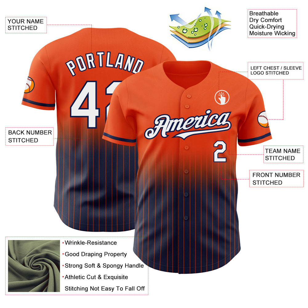 Personalized Orange Pinstripe White-Navy Authentic Fade Fashion Baseball Jersey Team Custom Name and Number Personalized Orange Pinstripe White-Navy Authentic Fade Fashion Baseball Jersey Team Custom Name and Number - Image 4