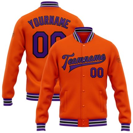Personalized Orange Purple-Black Bomber Full-Snap Varsity Letterman Jacket Team Custom Name and Number