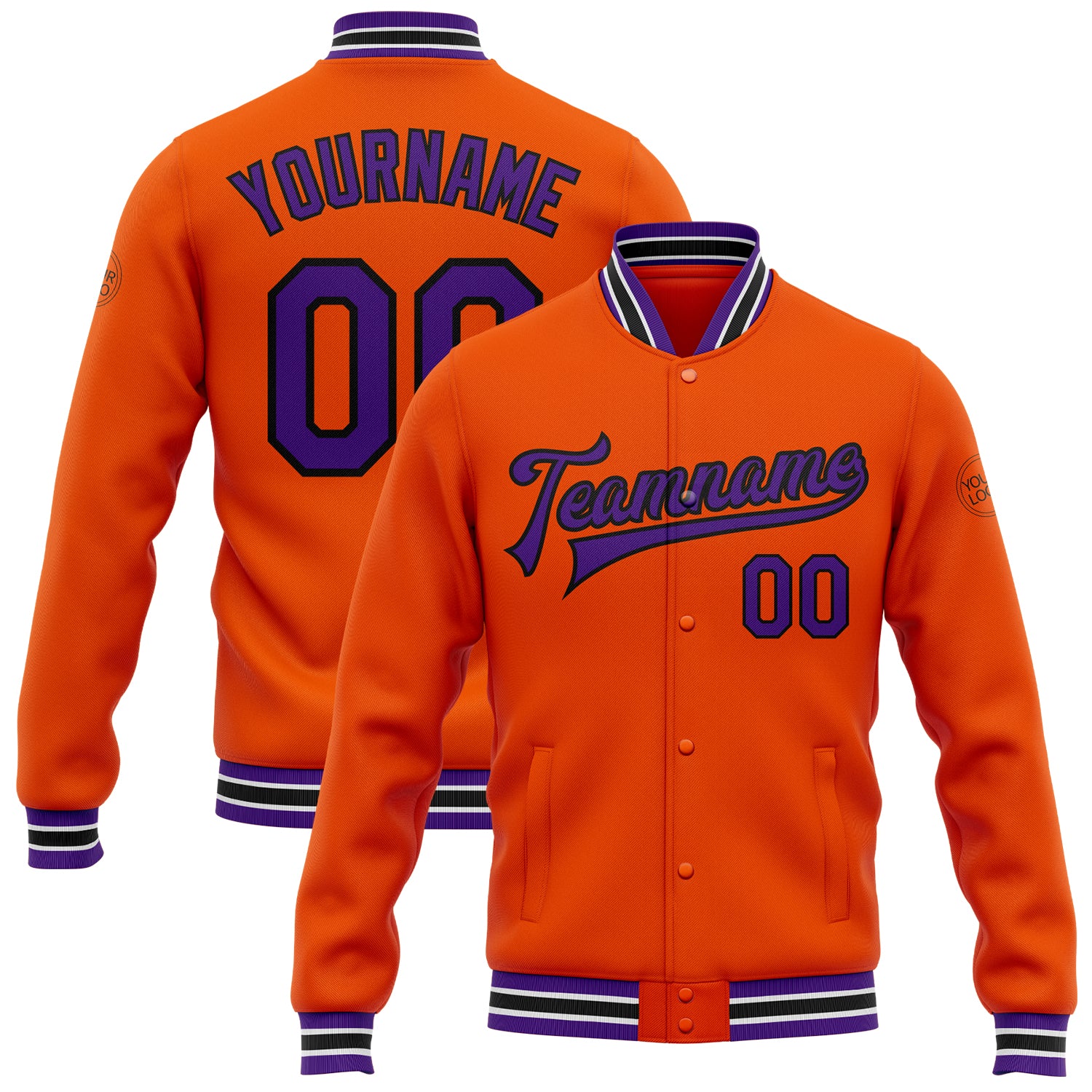 Personalized Orange Purple-Black Bomber Full-Snap Varsity Letterman Jacket Team Custom Name and Number