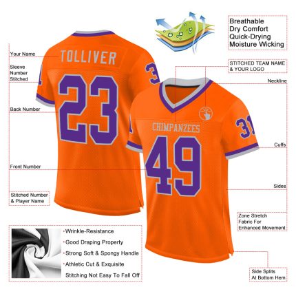 Personalized Orange Purple-Gray Mesh Authentic Throwback Football Jersey Team Custom Name and Number