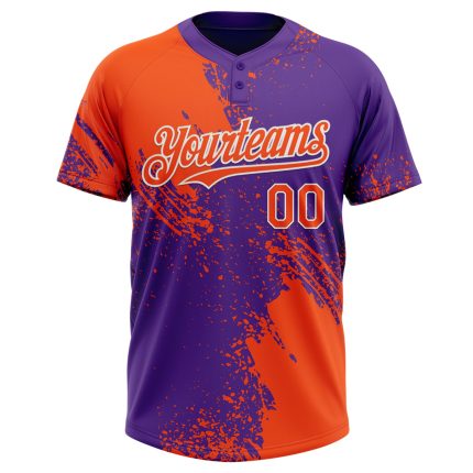 Personalized Orange Purple-White 3D Pattern Abstract Brush Stroke Two-Button Unisex Softball Jersey Team Custom Name and Number