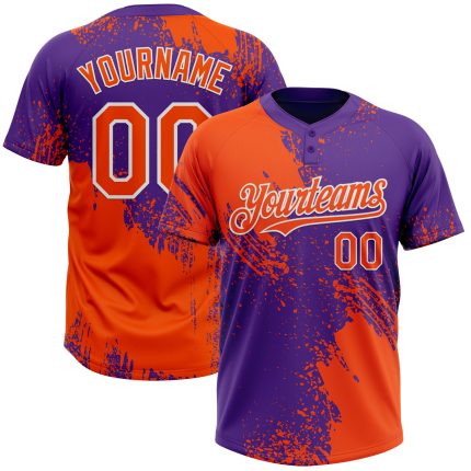 Personalized Orange Purple-White 3D Pattern Abstract Brush Stroke Two-Button Unisex Softball Jersey Team Custom Name and Number