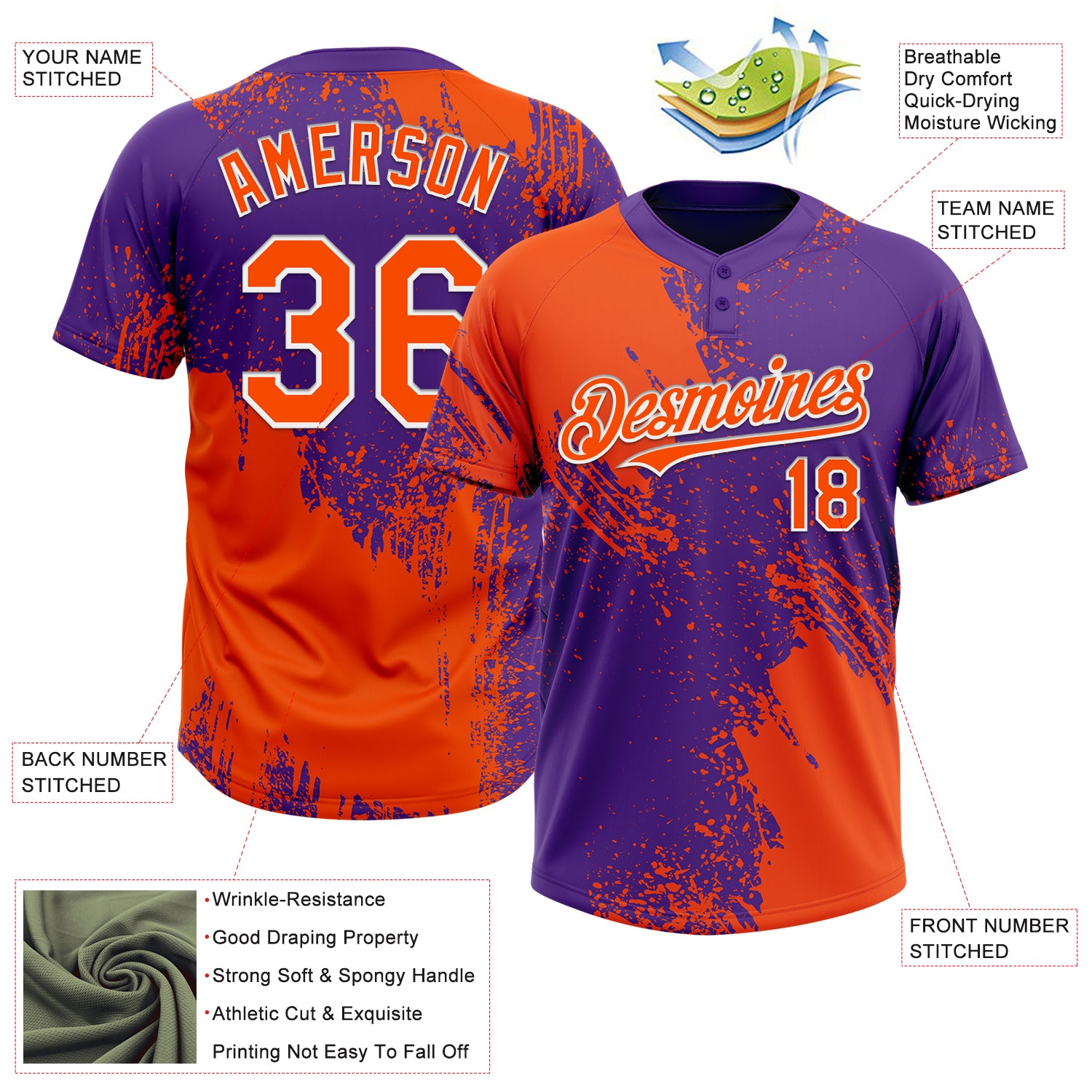 Personalized Orange Purple-White 3D Pattern Abstract Brush Stroke Two-Button Unisex Softball Jersey Team Custom Name and Number Personalized Orange Purple-White 3D Pattern Abstract Brush Stroke Two-Button Unisex Softball Jersey Team Custom Name and Number - Image 3