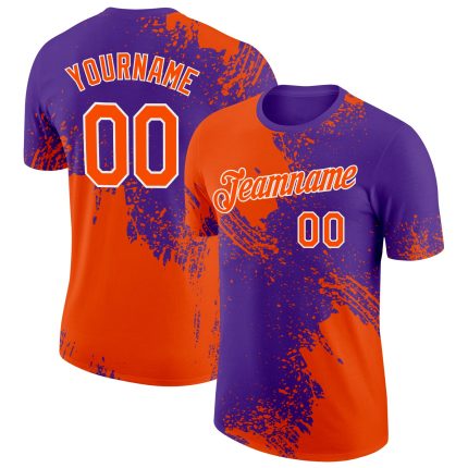 Personalized Orange Purple-White 3D Pattern Design Abstract Brush Stroke Performance T-Shirt Team Custom Name and Number