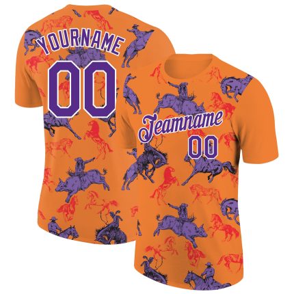 Personalized Orange Purple-White 3D Pattern Design Cowboy Rodeo Performance T-Shirt Team Custom Name and Number
