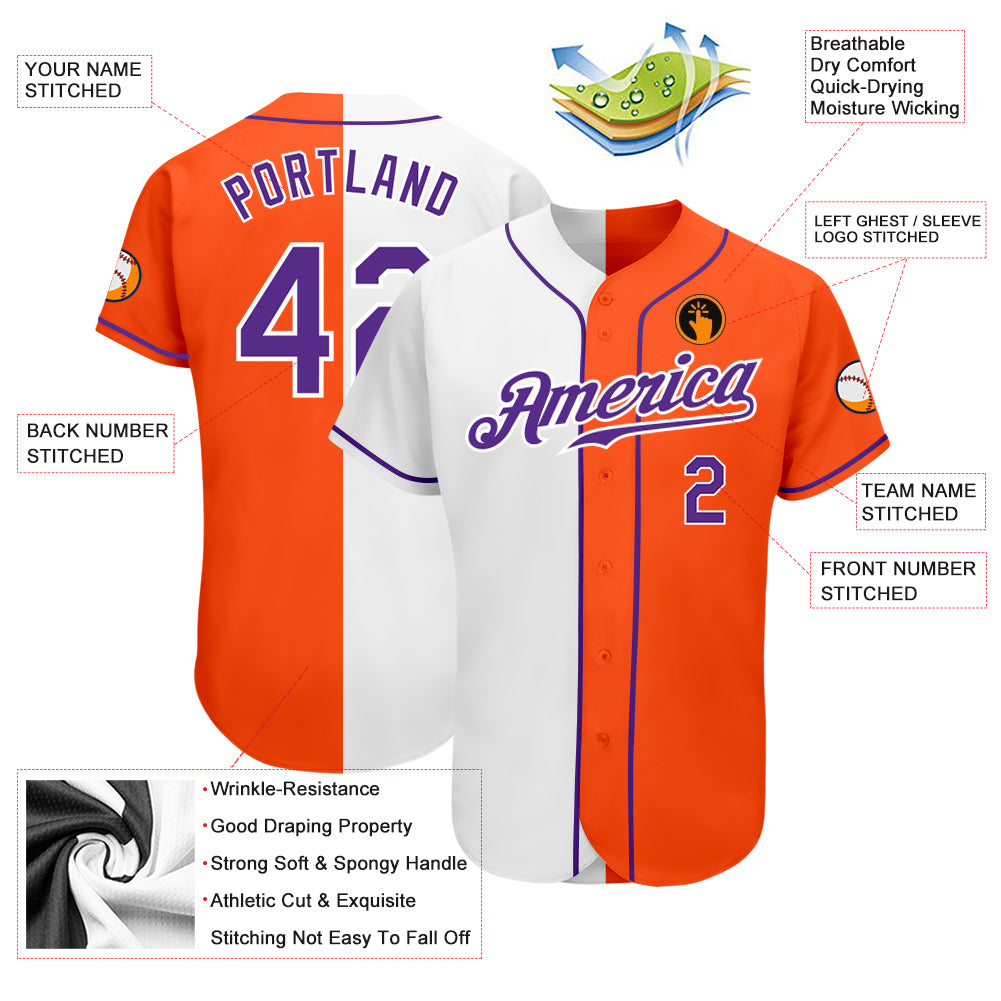 Personalized Orange Purple-White Authentic Split Fashion Baseball Jersey Team Custom Name and Number Personalized Orange Purple-White Authentic Split Fashion Baseball Jersey Team Custom Name and Number - Image 3