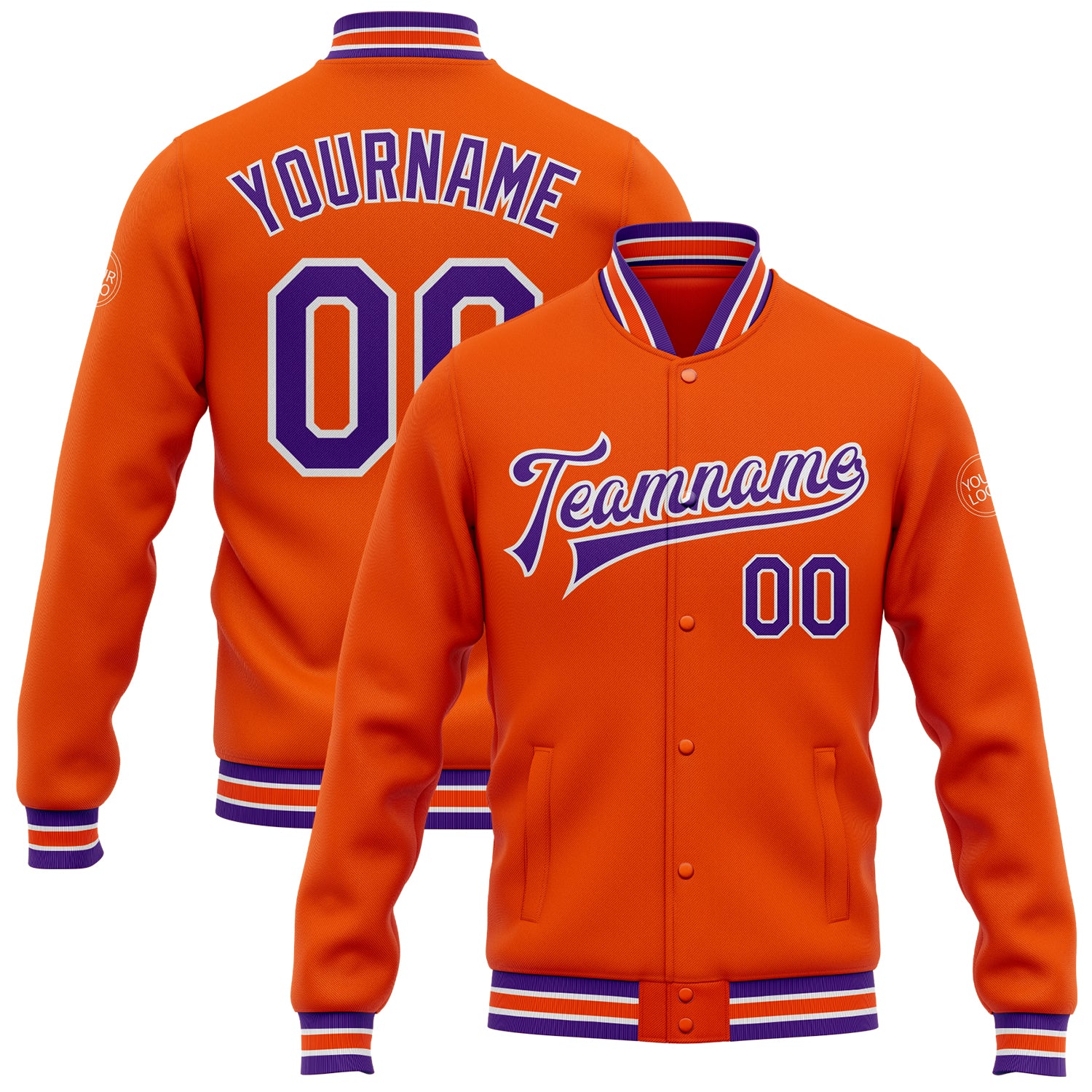 Personalized Orange Purple-White Bomber Full-Snap Varsity Letterman Jacket Team Custom Name and Number