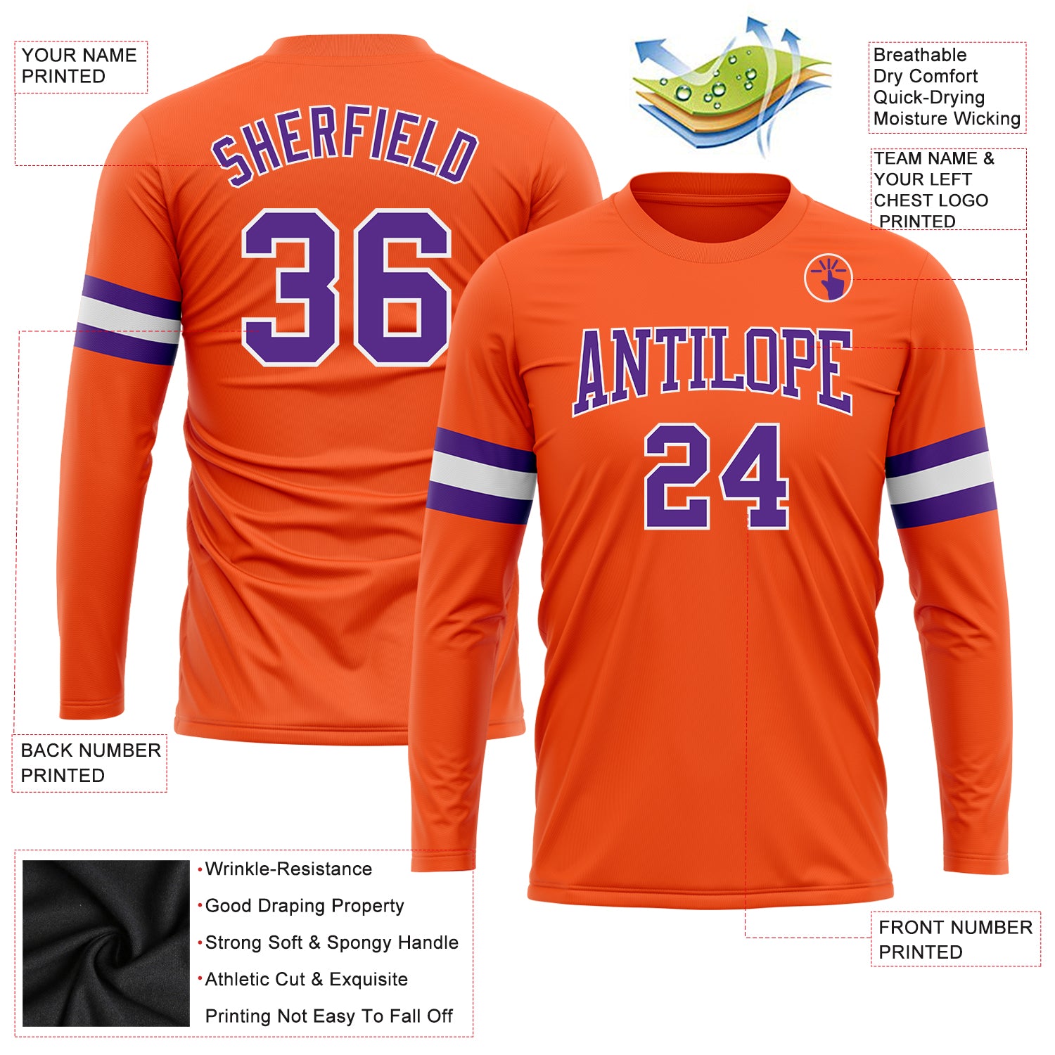 Personalized Orange Purple-White Long Sleeve Performance T-Shirt Team Custom Name and Number Personalized Orange Purple-White Long Sleeve Performance T-Shirt Team Custom Name and Number - Image 3