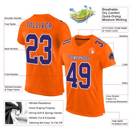 Personalized Orange Purple-White Mesh Authentic Football Jersey Team Custom Name and Number