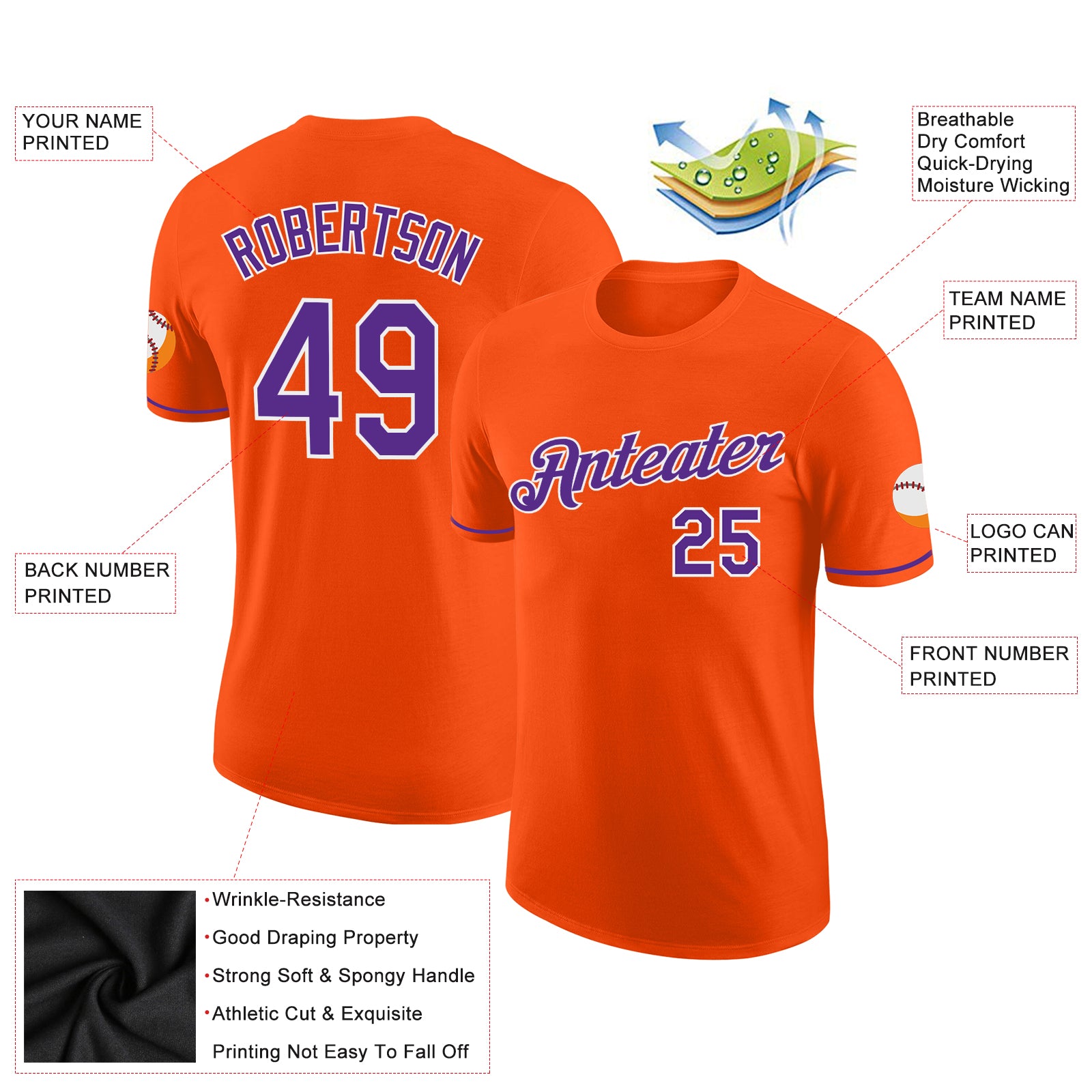Personalized Orange Purple-White Performance T-Shirt Team Custom Name and Number Personalized Orange Purple-White Performance T-Shirt Team Custom Name and Number - Image 2