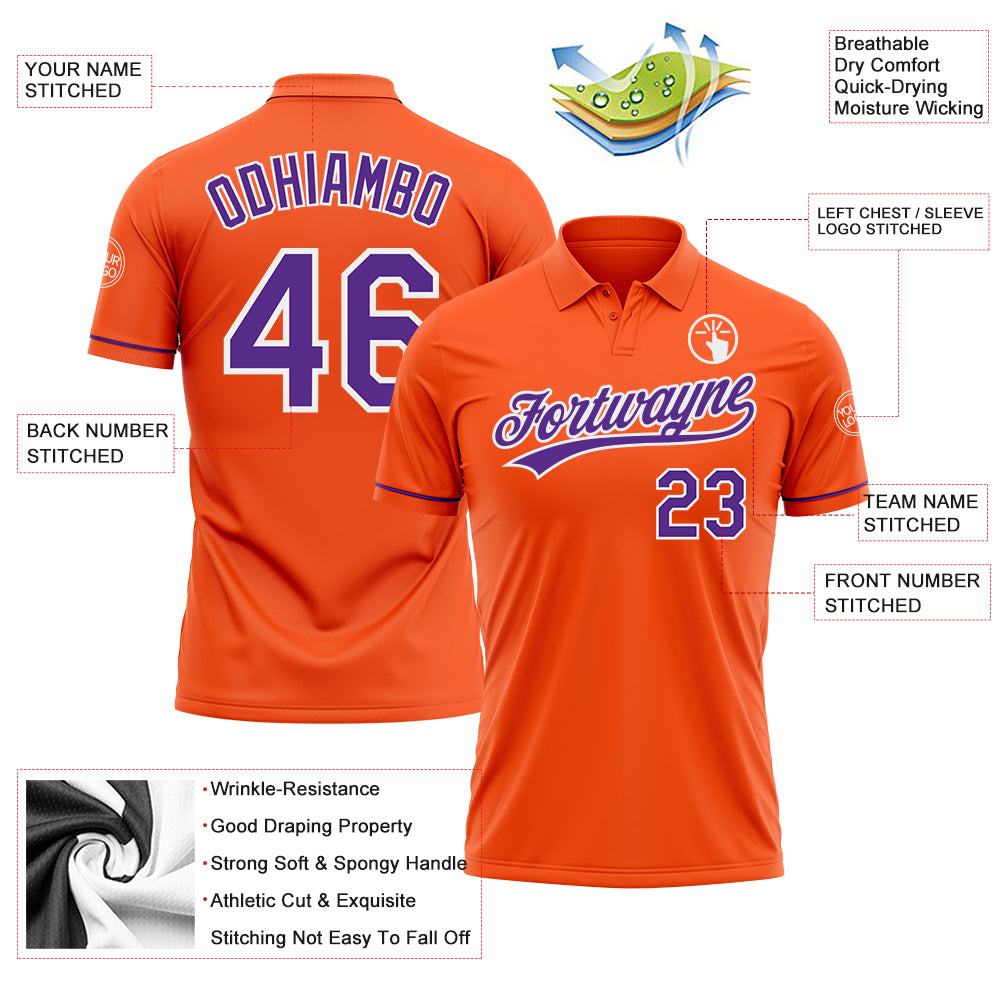 Personalized Orange Purple-White Performance Vapor Golf Polo Shirt Team Custom Name and Number Personalized Orange Purple-White Performance Vapor Golf Polo Shirt Team Custom Name and Number - Image 3
