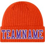 Personalized Orange Purple-White Stitched Cuffed Knit Hat Team Custom Name and Number