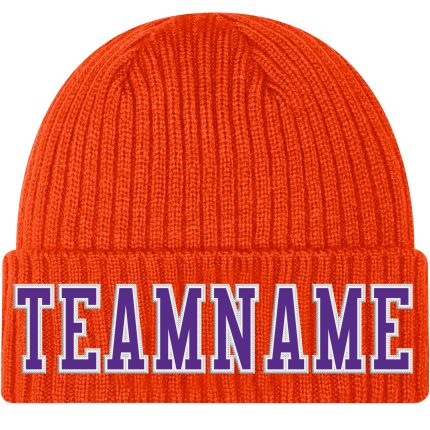 Personalized Orange Purple-White Stitched Cuffed Knit Hat Team Custom Name and Number