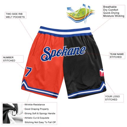 Personalized Orange Royal-Black Authentic Throwback Split Fashion Basketball Shorts Team Custom Name and Number