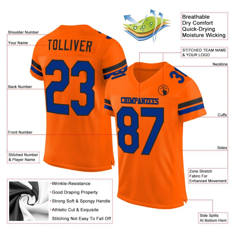 Personalized Orange Royal-Black Mesh Authentic Football Jersey Team Custom Name and Number