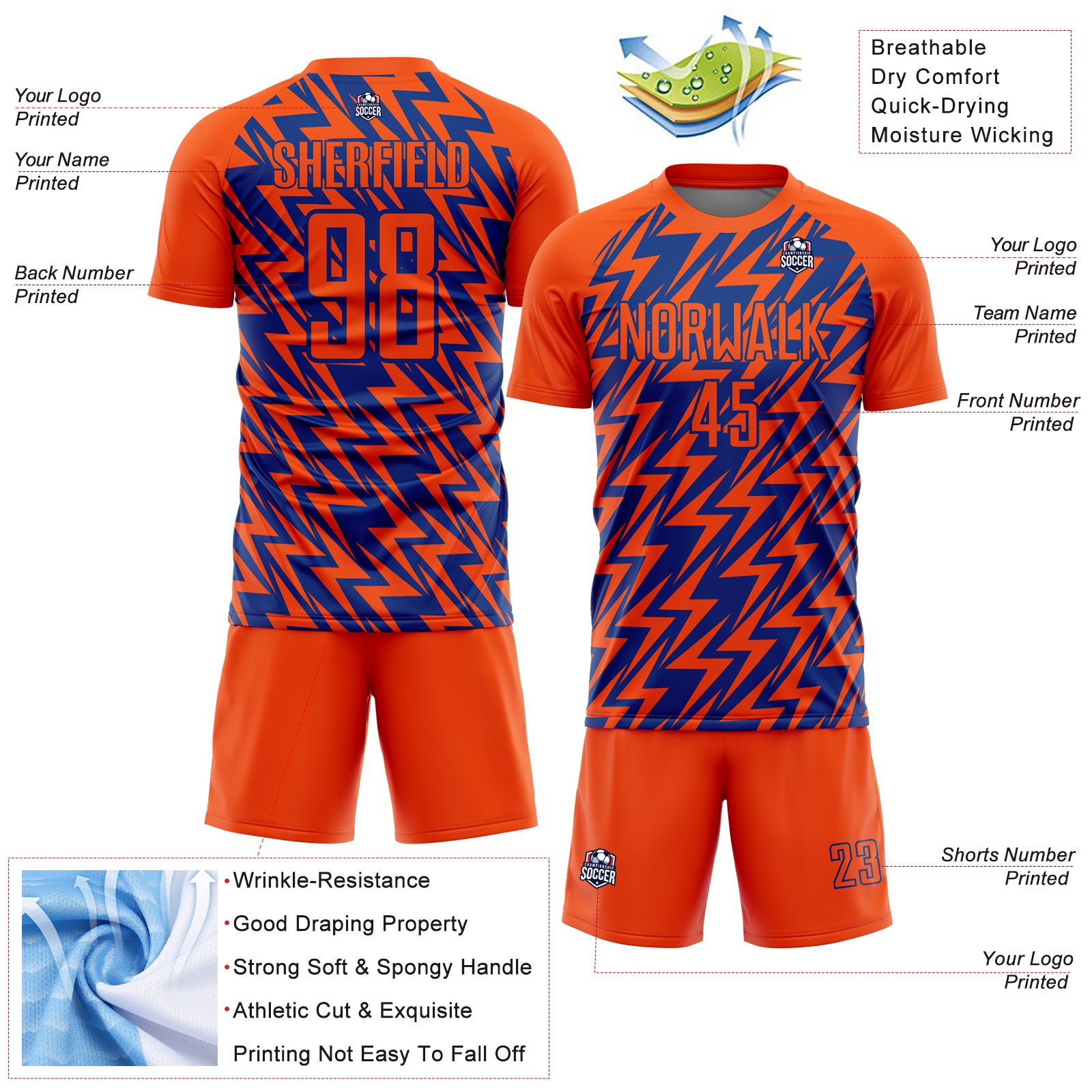 Personalized Orange Royal Lightning Sublimation Soccer Uniform Jersey Team Custom Name and Number Personalized Orange Royal Lightning Sublimation Soccer Uniform Jersey Team Custom Name and Number - Image 4