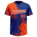 Personalized Orange Royal-White 3D Pattern Abstract Brush Stroke Two-Button Unisex Softball Jersey Team Custom Name and Number