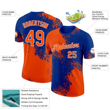 Personalized Orange Royal-White 3D Pattern Design Abstract Brush Stroke Performance T-Shirt Team Custom Name and Number