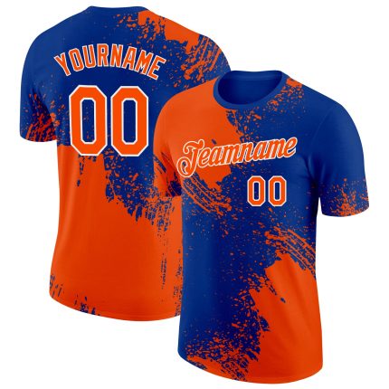 Personalized Orange Royal-White 3D Pattern Design Abstract Brush Stroke Performance T-Shirt Team Custom Name and Number