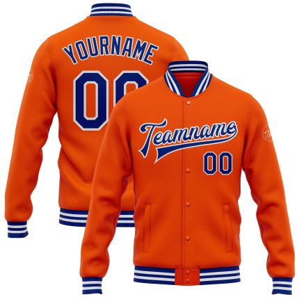 Personalized Orange Royal-White Bomber Full-Snap Varsity Letterman Jacket Team Custom Name and Number