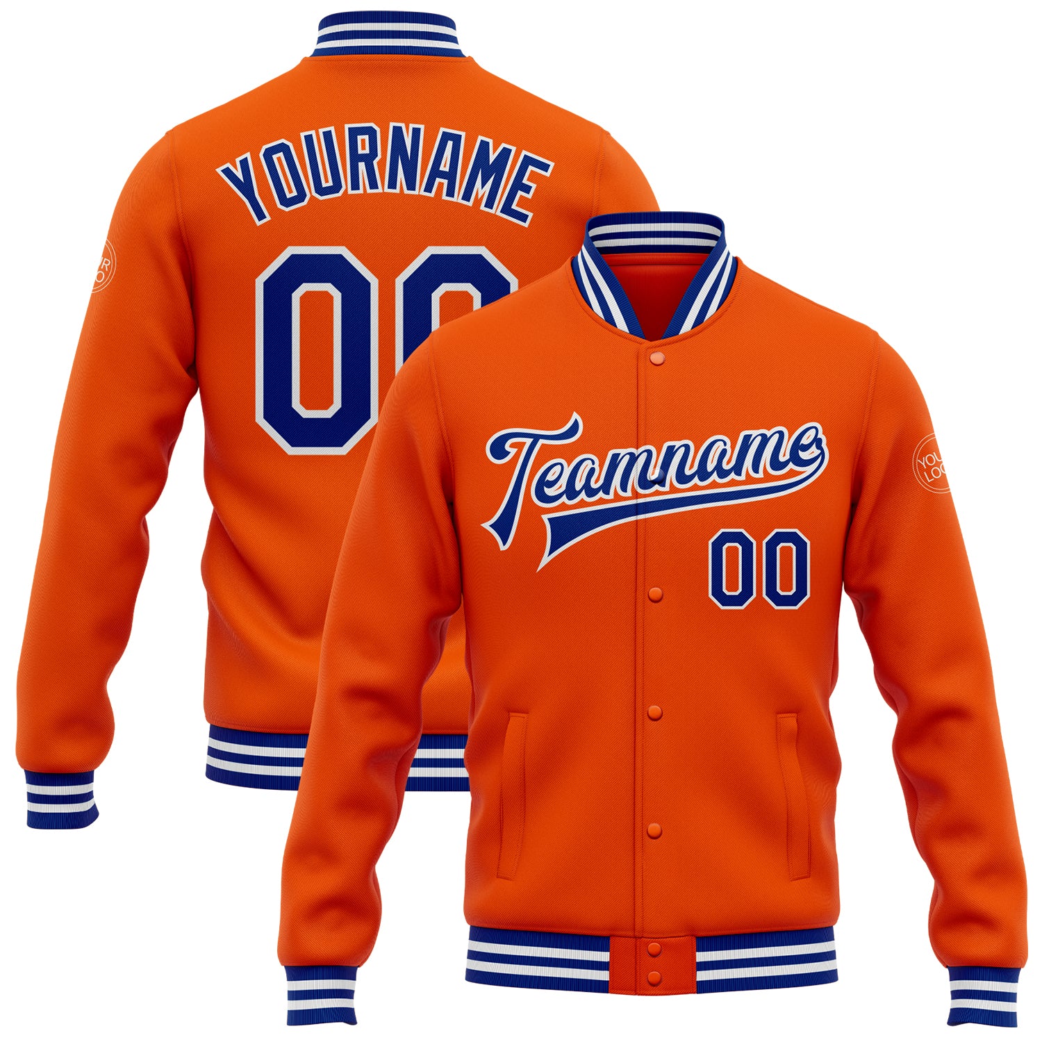 Personalized Orange Royal-White Bomber Full-Snap Varsity Letterman Jacket Team Custom Name and Number