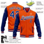 Personalized Orange Royal-White Bomber Full-Snap Varsity Letterman Two Tone Jacket Team Custom Name and Number