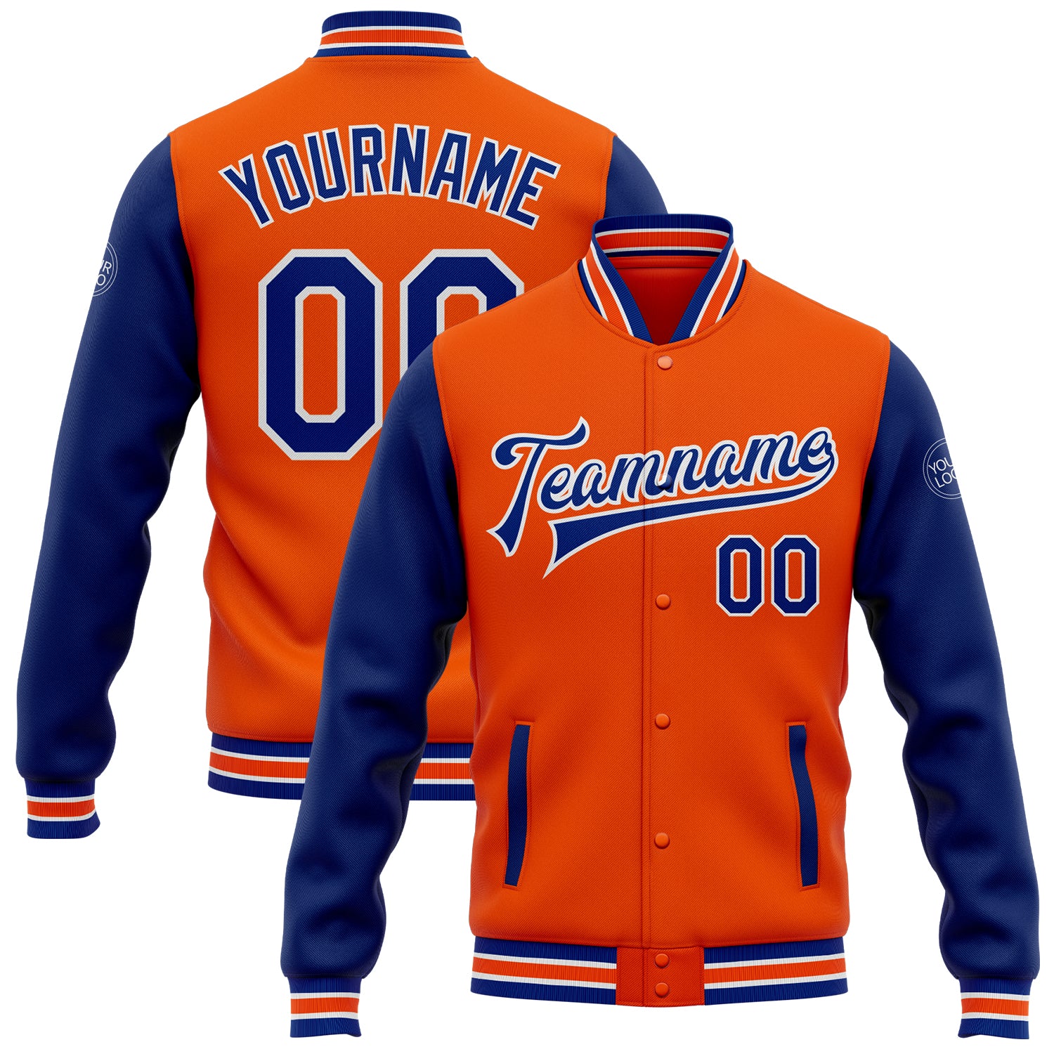 Personalized Orange Royal-White Bomber Full-Snap Varsity Letterman Two Tone Jacket Team Custom Name and Number