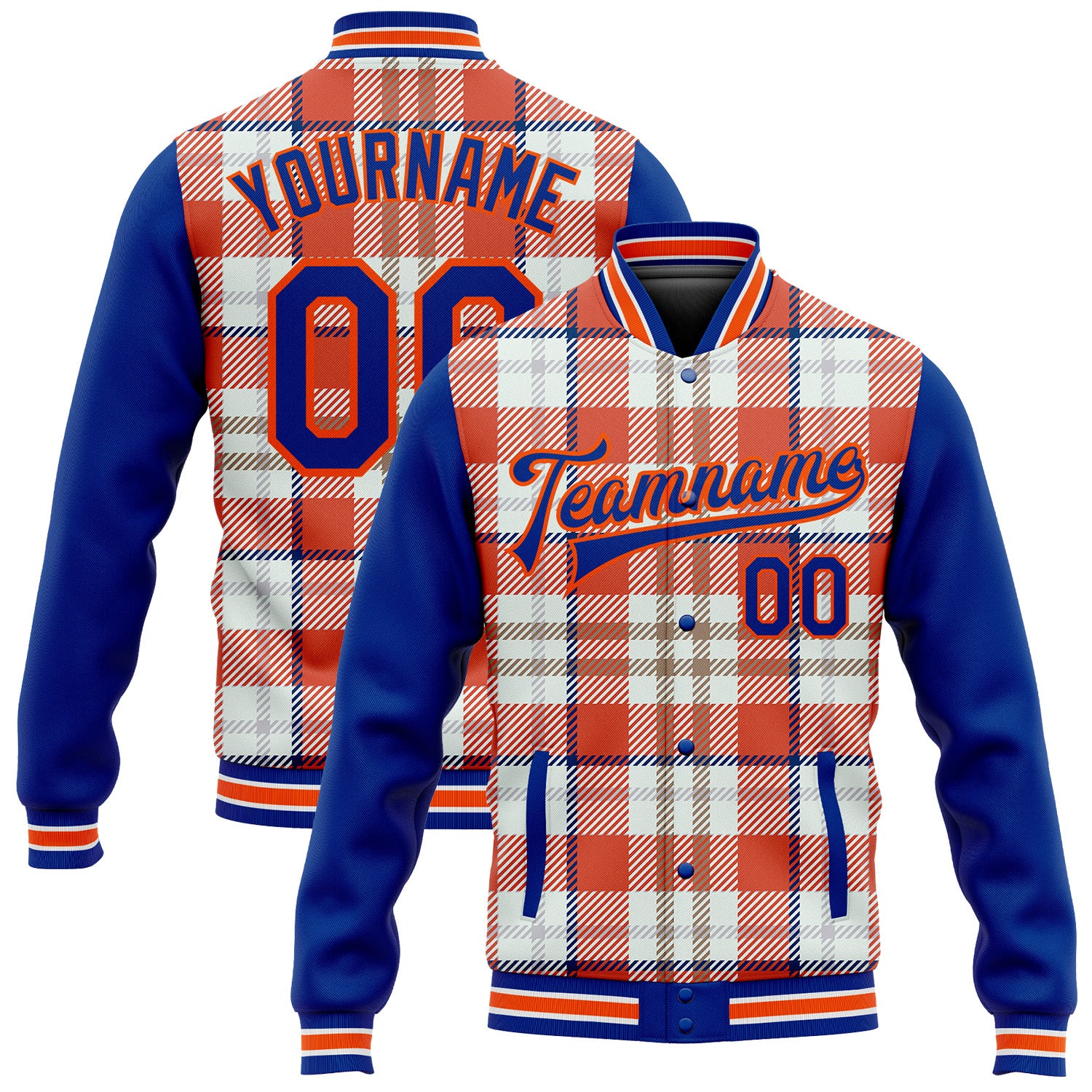 Personalized Orange Royal-White Check Board 3D Pattern Design Bomber Full-Snap Varsity Letterman Jacket
