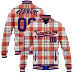 Personalized Orange Royal-White Check Board 3D Pattern Design Bomber Full-Snap Varsity Letterman Jacket Team Custom Name and Number
