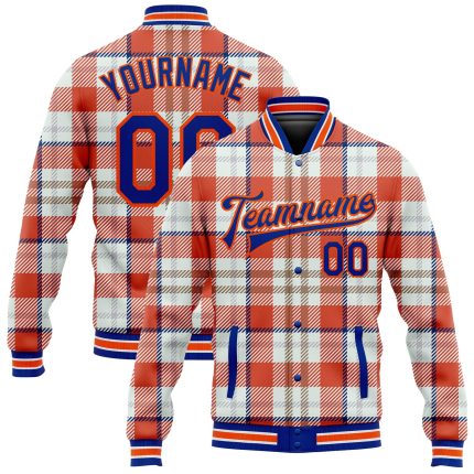 Personalized Orange Royal-White Check Board 3D Pattern Design Bomber Full-Snap Varsity Letterman Jacket Team Custom Name and Number
