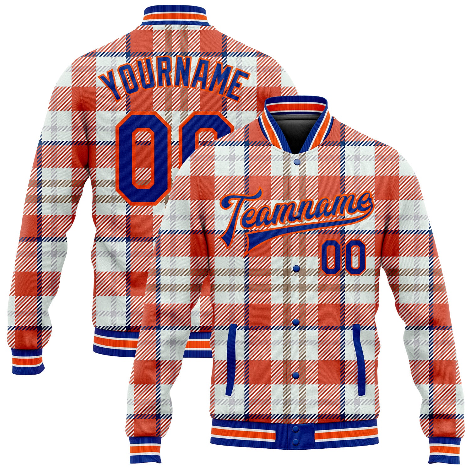 Personalized Orange Royal-White Check Board 3D Pattern Design Bomber Full-Snap Varsity Letterman Jacket Team Custom Name and Number