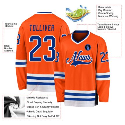 Personalized Orange Royal-White Hockey Jersey Team Custom Name and Number