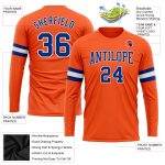 Personalized Orange Royal-White Long Sleeve Performance T-Shirt Team Custom Name and Number