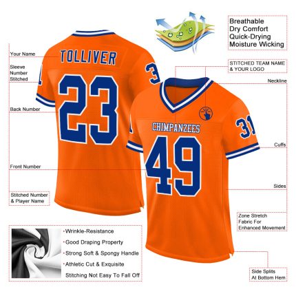 Personalized Orange Royal-White Mesh Authentic Throwback Football Jersey Team Custom Name and Number