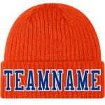 Personalized Orange Royal-White Stitched Cuffed Knit Hat Team Custom Name and Number