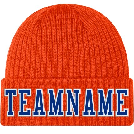 Personalized Orange Royal-White Stitched Cuffed Knit Hat Team Custom Name and Number