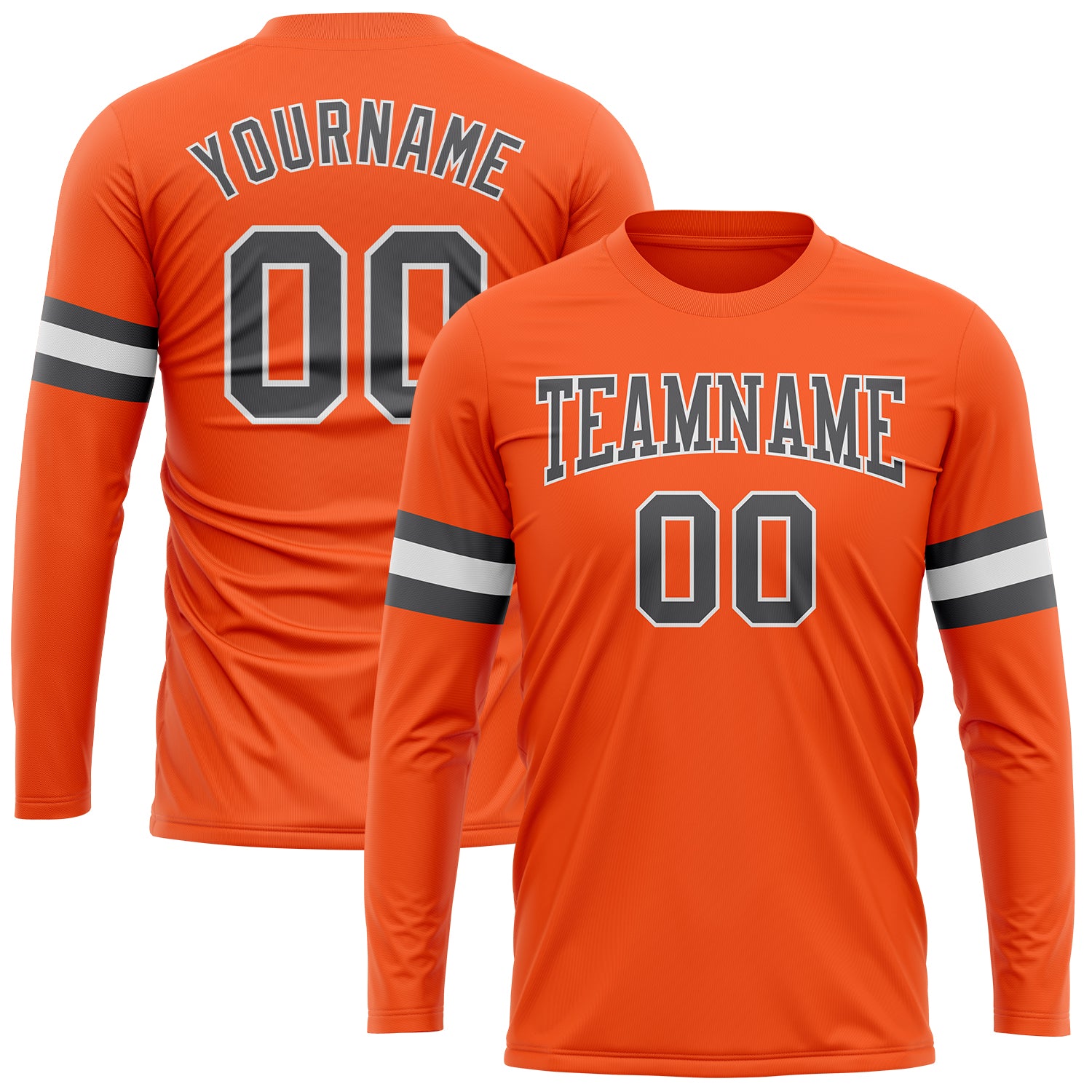 Personalized Orange Steel Gray-White Long Sleeve Performance T-Shirt Team Custom Name and Number