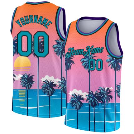 Personalized Orange Teal-Black 3D Pattern Sun Beach Hawaii Palm Trees Authentic Basketball Jersey Team Custom Name and Number