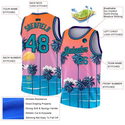 Personalized Orange Teal-Black 3D Pattern Sun Beach Hawaii Palm Trees Authentic Basketball Jersey Team Custom Name and Number
