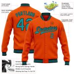 Personalized Orange Teal-Black Bomber Full-Snap Varsity Letterman Jacket Team Custom Name and Number