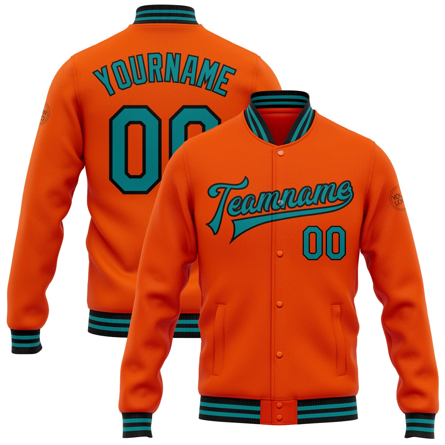 Personalized Orange Teal-Black Bomber Full-Snap Varsity Letterman Jacket Team Custom Name and Number