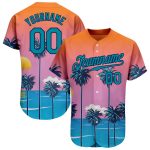 Personalized Orange Teal-Navy 3D Pattern Design Sun Beach Hawaii Palm Trees Authentic Baseball Jersey Team Custom Name and Number