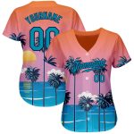 Personalized Orange Teal-Navy 3D Pattern Design Sun Beach Hawaii Palm Trees Authentic Baseball Jersey Team Custom Name and Number