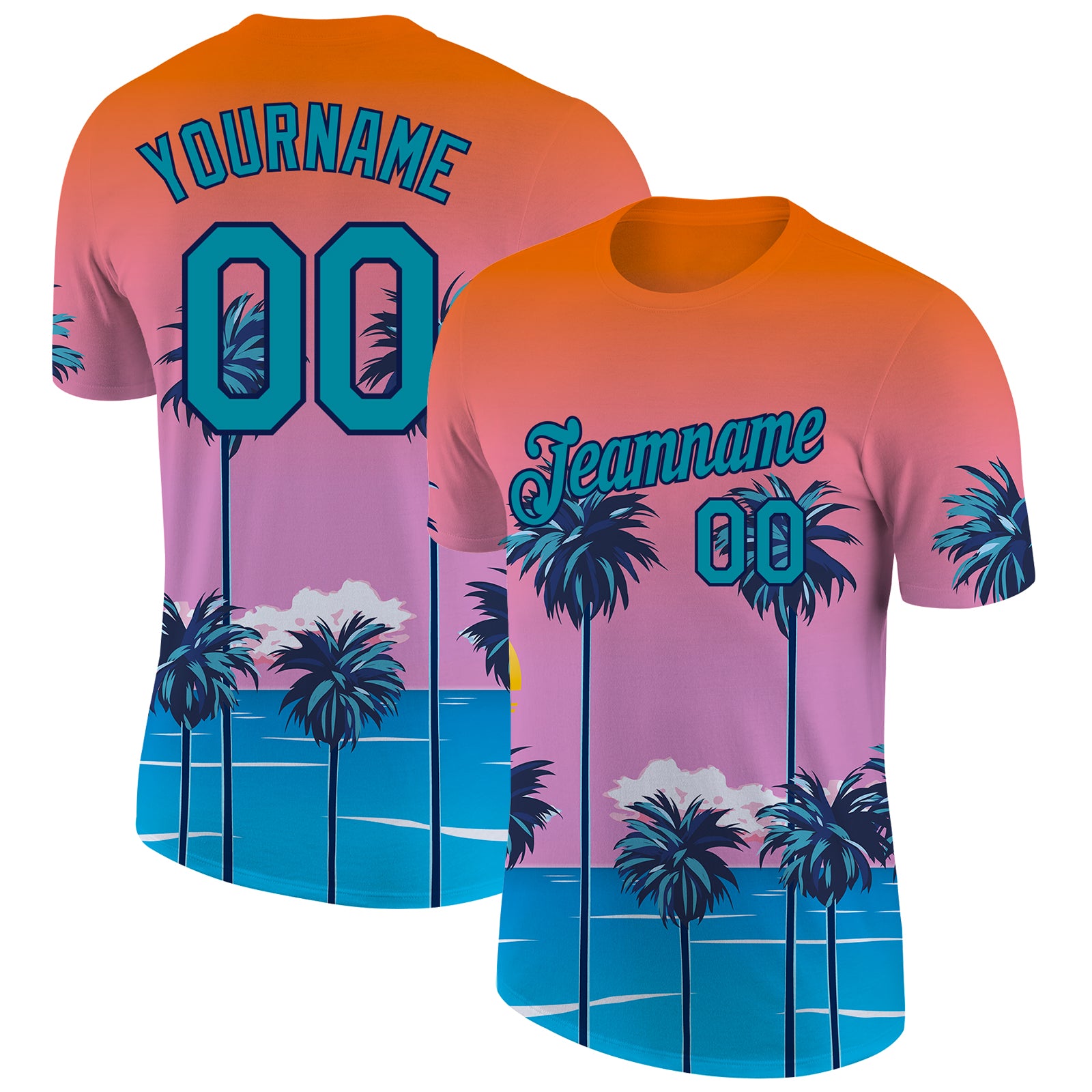 Personalized Orange Teal-Navy 3D Pattern Design Sun Beach Hawaii Palm Trees Performance T-Shirt Team Custom Name and Number