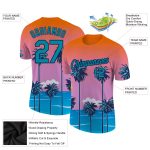 Personalized Orange Teal-Navy 3D Pattern Design Sun Beach Hawaii Palm Trees Performance T-Shirt Team Custom Name and Number