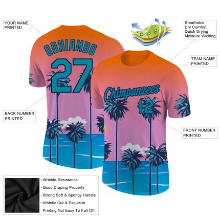 Personalized Orange Teal-Navy 3D Pattern Design Sun Beach Hawaii Palm Trees Performance T-Shirt Team Custom Name and Number