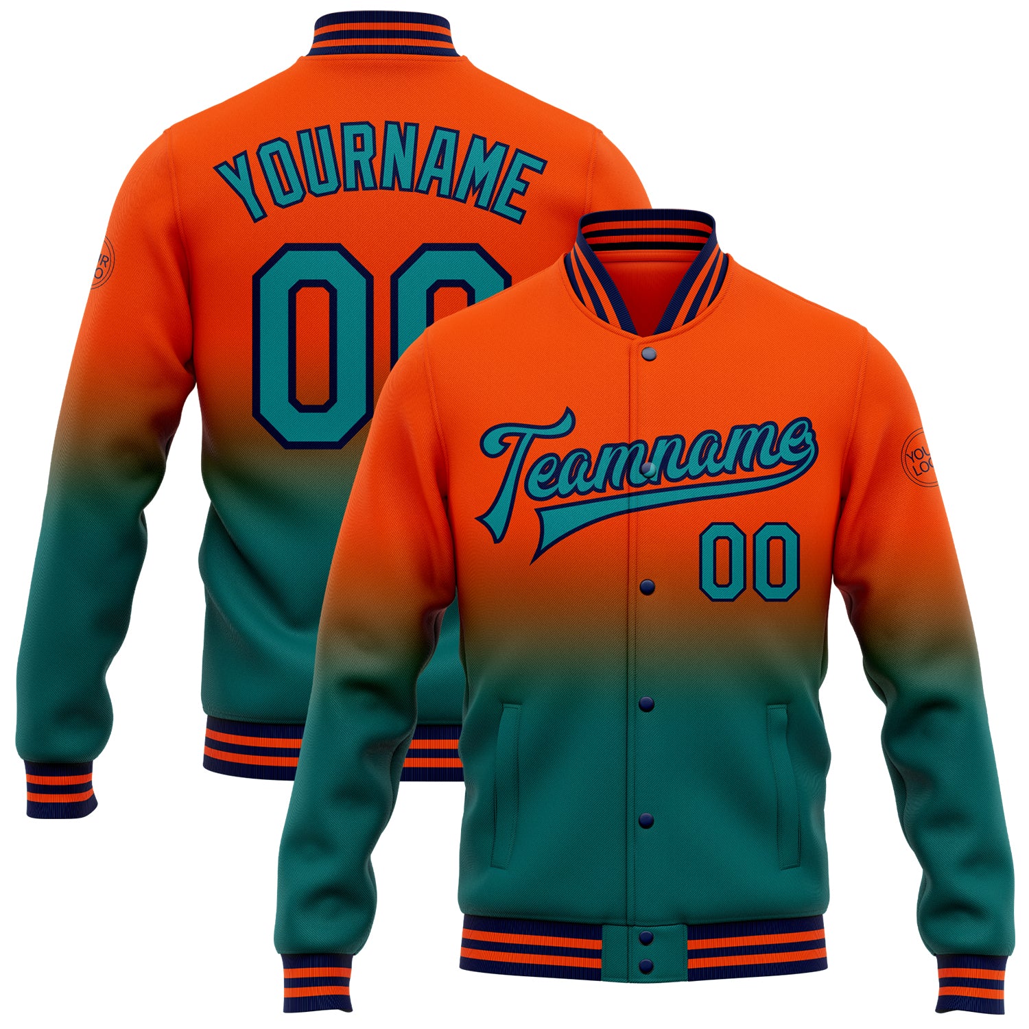 Personalized Orange Teal-Navy Bomber Full-Snap Varsity Letterman Fade Fashion Jacket Team Custom Name and Number