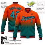 Personalized Orange Teal-Navy Bomber Full-Snap Varsity Letterman Fade Fashion Jacket Team Custom Name and Number